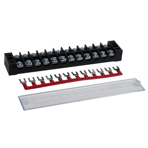 Main product image for 35A Barrier Terminal Block 12 Position Dual Row Screws 12 Pitch with Cover and Red Jumper090-818